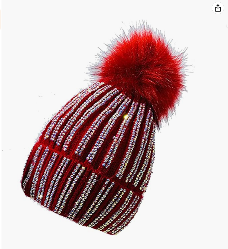 Womens Winter Sequin Beanie Hat Warm Knit Hat Thick Plush Lined Winter Cap hat Warmer for Girl Red 1014